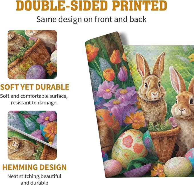 Easter Rabbits Eggs Placemats Set of 4 Easter Bunny Tulip Flowers Table Place Mats Seasonal Farmhouse Spring Holiday Table Mat for Party Kitchen Dining Outdoor Indoor Decor