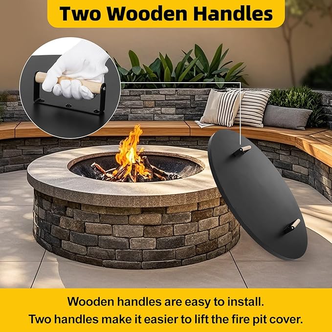 G GOOD GAIN Firepit Lid Round 34inch - Rust Resistant Fire Pit Lid Cover with Wooden Handle & Gloves, Fire Pit Snuffer Lid for Courtyards, Patio, Winter Cold Protection. Fits Fire Pits Up to 32‘’