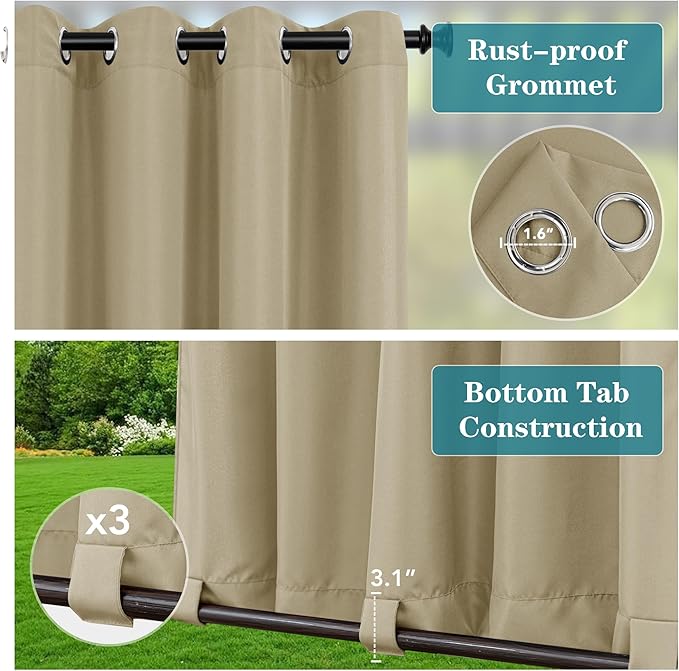 HolidayIdeas Outdoor Curtains for Patio Waterproof 4 Panels-Windproof Weatherproof Privacy Curtains-Grommet Top and Tab Bottom Drape for Gazebo, Porch, Pergola, Cabana, Backyard 54x95 Inch Taupe