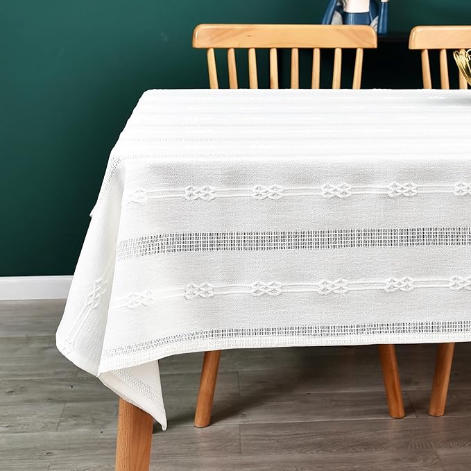 White Cotton Tablecloth for Rectangle Table Heavy Duty Farmhouse Vintage Tablecloth Washable Rustic Table Cover (White, 52''x 98'')