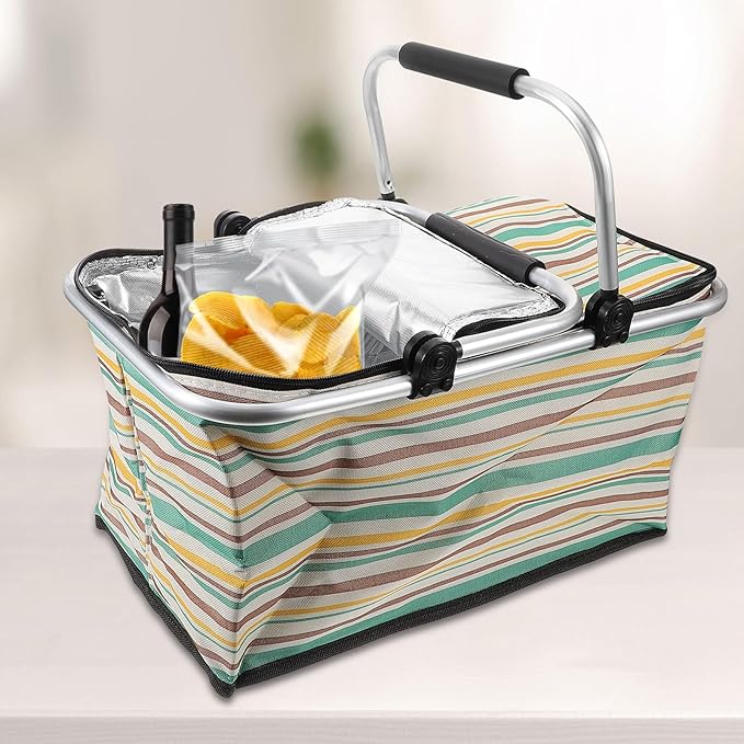 Wear-Resistant Insulated Picnic Basket and Foldable Shopping Tote for Outdoor Dining with Thick Aluminum Foil Lining, Yellow-Green Pattern, No Ice Pack, Vehicle Use and Food
