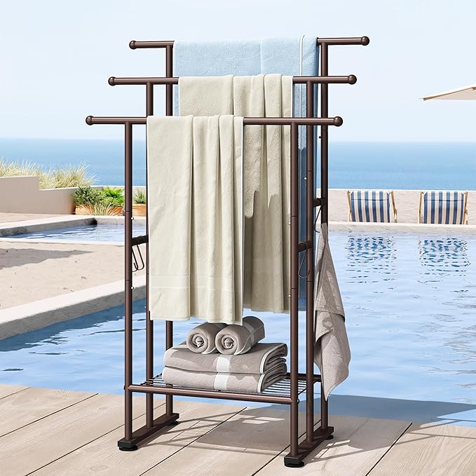 ELYKEN 3 Tier Standing Towel Rack, 40'' Tall Towel Drying Rack Outdoor, Freestanding Floor Towel Rack with Shelf, Pool Towel Blanket Stand, Metal Towel Racks for Bathroom freestanding, Bronze