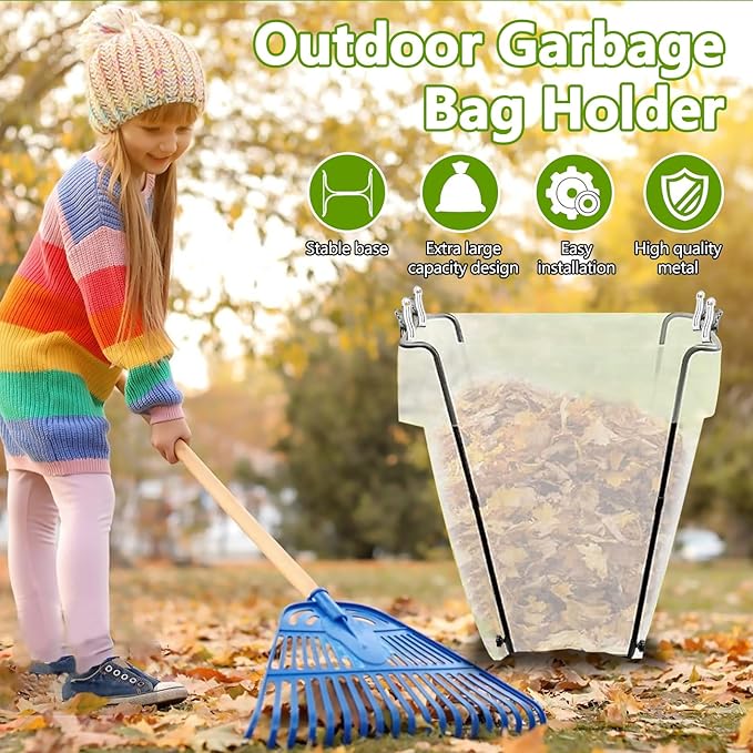 Garden Trash Bag Holder - Outdoor Leaf Bag Holder Support Stand Multi-Use Metal Garbage Bag Frame Holds 30-45 Gallons Bag for Yard Work Camping Leaves Gardening Parties Weeding