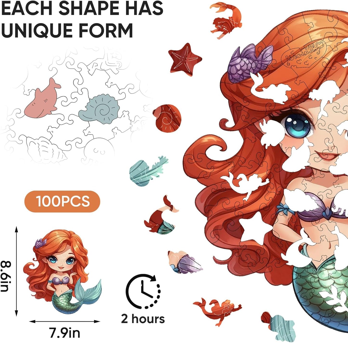 Wooden Puzzles for Adult and Kids, 100 Pieces Ocean Puzzle, Unique Shaped Mermaid Wooden Preschool Puzzle, Toddler Wooden Puzzle Toy Gift for Family and Friends, Suitable for Family Games