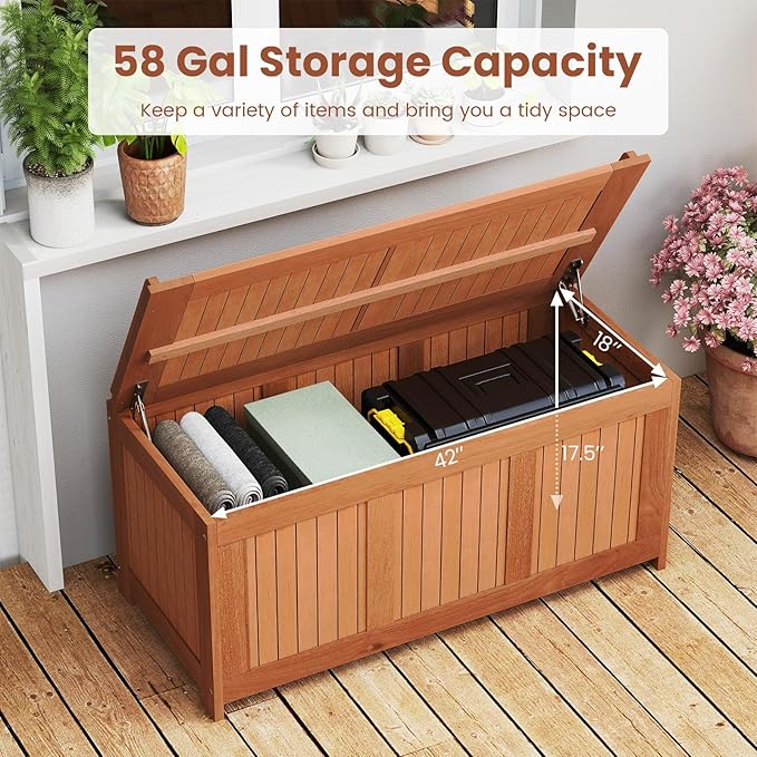 HAPPYGRILL Outdoor Wood Deck Box with Flip Top, Patio Storage Bench for Garden, Poolside, Backyard, 58 Gallon