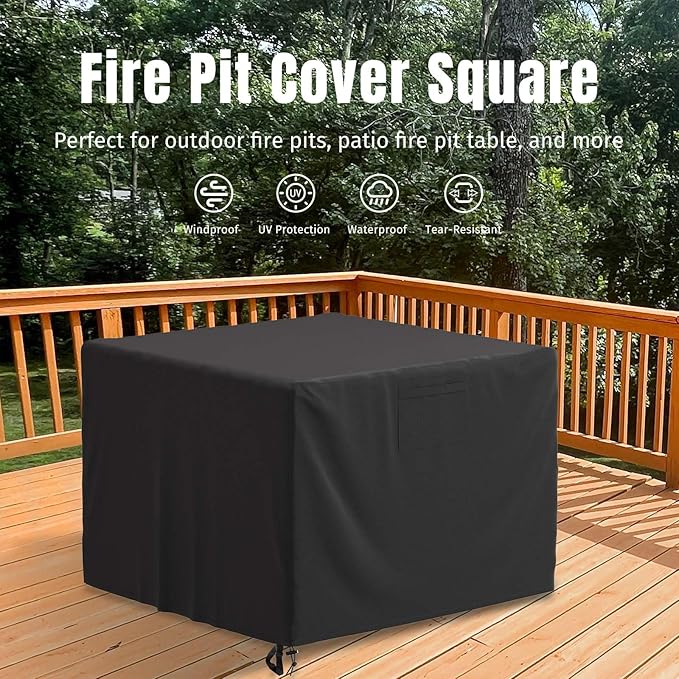SHINESTAR 32 Inch Fire Pit Cover Square, Fits for 28-32 Inch Outdoor Fire Pit Table, Waterproof Layer & Double Stitching with Windproof Drawstring and Buckle Straps, 32 x 32 x 24 Inches, Black