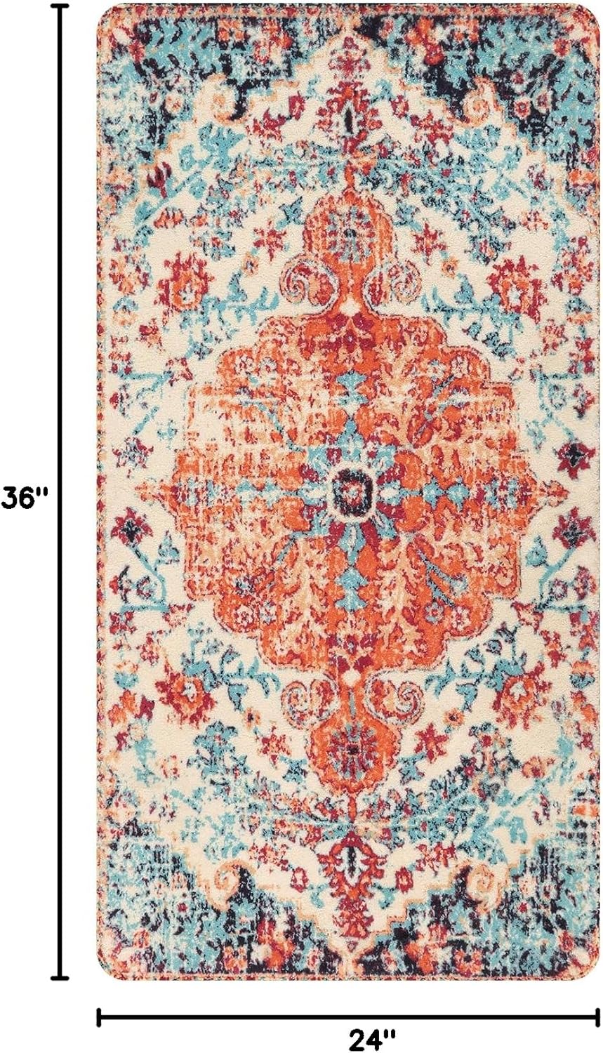 Lahome Bohemian Floral Medallion Runner Rug - 2x4 Washable Laundry Room Hallyway Runner Rug Doormat,Oriental Distressed Faux Wool Non-Slip Bath Mat Low-Pile Carpet for Kitchen Bathroom Entryway,Orange