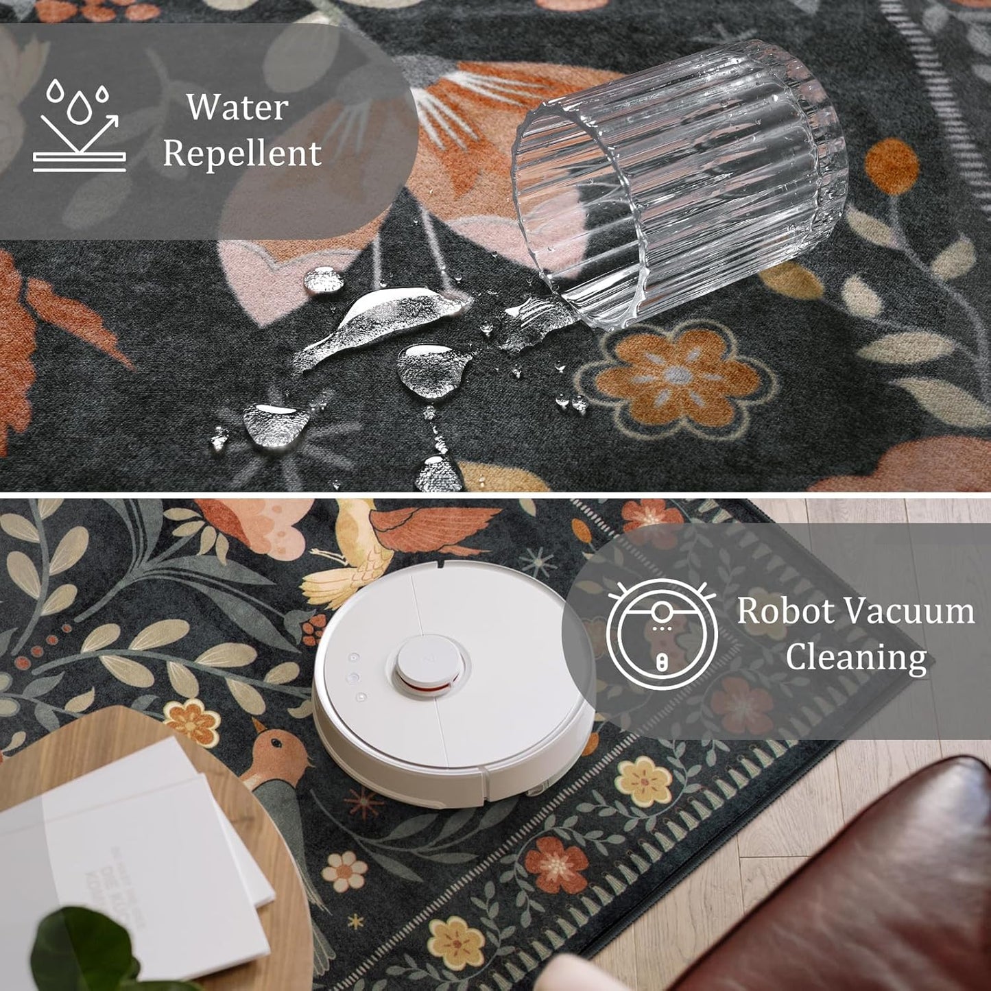 Morebes Washable Black Floral Rug 5x7, Flower Birds Area Rugs for Living Room Non Slip, Soft Low-Pile Indoor Floor Insect Print Throw Carpet for Bedroom Dining Playroom Home Office, Black/Multi