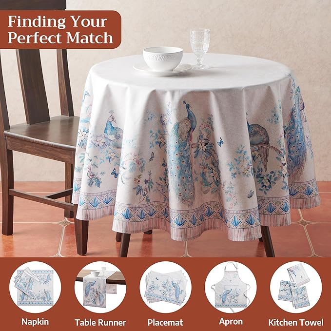 Maison d'Hermine Premium Table Cloth Round Table 100% Cotton 70 Inches Tablecloth Reusable Decorative Everyday Use for Dining Room, Farmhouse, Home, Party, Festive & Wedding - Peacock Utopia - Orginal