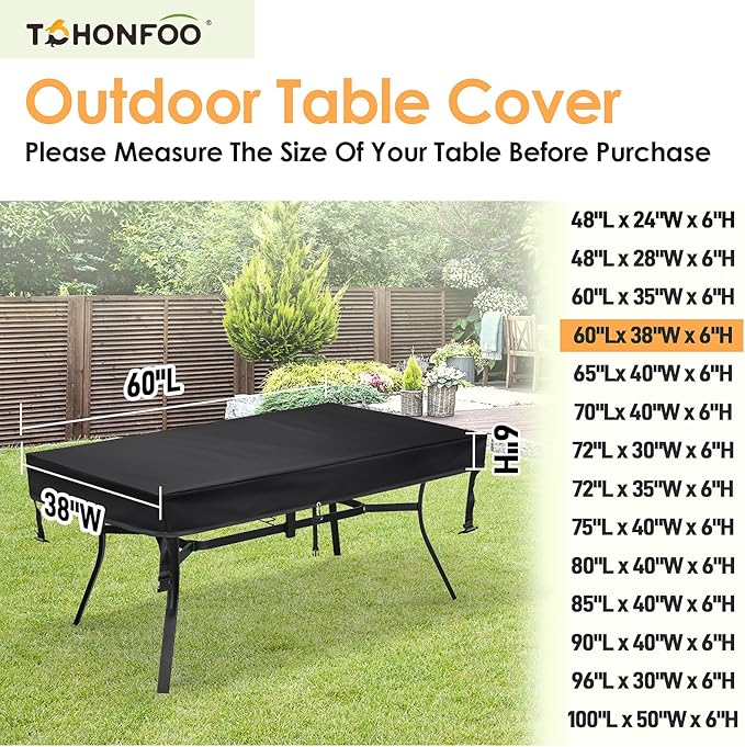 TOHONFOO Rectangular Patio Table Cover - Waterproof Anti-UV Outdoor Dining Table Cover - Outdoor Patio Furniture Cover 60" L x 38" W x 6" H, Black