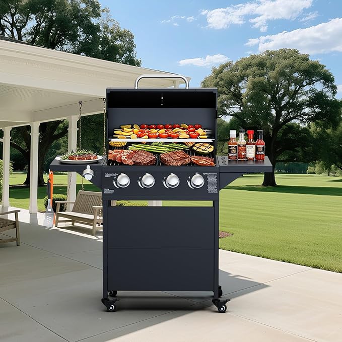 4-Burner Propane Gas BBQ Grill, 40,000 BTU Output Stainless Steel Barbecue Grill with Side Tables & Wheels for Backyard,Camping and Outdoor Cooking (Black)
