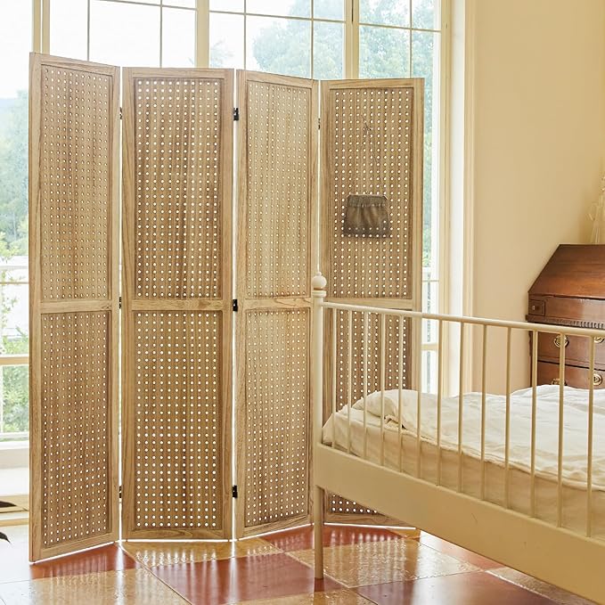 Pegboard Display, 5.6Ft Wooden Room Divider Folding Privacy Screens Portable Freestanding Wall Organizer for Retail Craft Art Display Board (4panels, Natural)