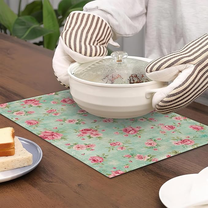 6 Pcs Placemats,Pink Flower Placemat,Vintage Floral Table Mats Washable Recyclable Table Placemats for Indoor Outdoor Heat Resistant Kitchen Dining 12"x18"