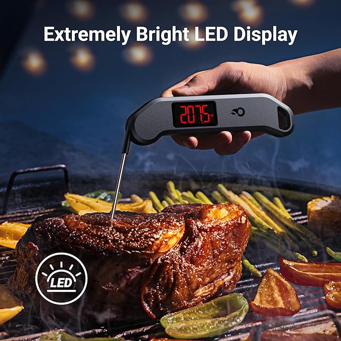Professional Digital Meat Thermometer, 1 Sec Instant Read, ±0.5℉ Accuracy NIST&NSF Certified Food Thermometer, Auto-Rotate Bright LED Screen, Highly Waterproof Cooking Thermometer for Grill BBQ, Black