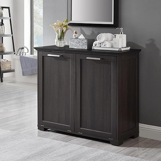 OLD CAPTAIN Double Tilt Out Trash Cabinet, Wooden Kitchen Garbage Can Free Standing Holder (Dark Brown+Black Top Panel)