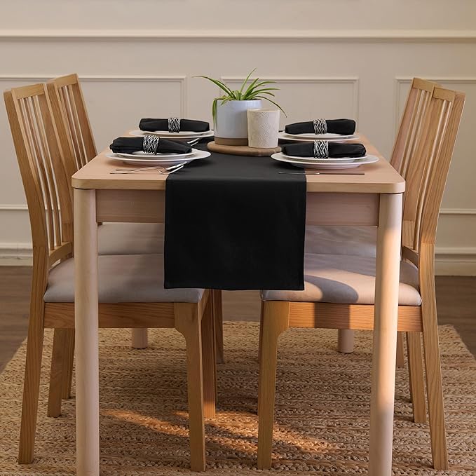 Encasa XO Table Runner 13"x118" Long | Cotton Canvas Fabric | Jet Black Solid Color | Machine Washable & Durable