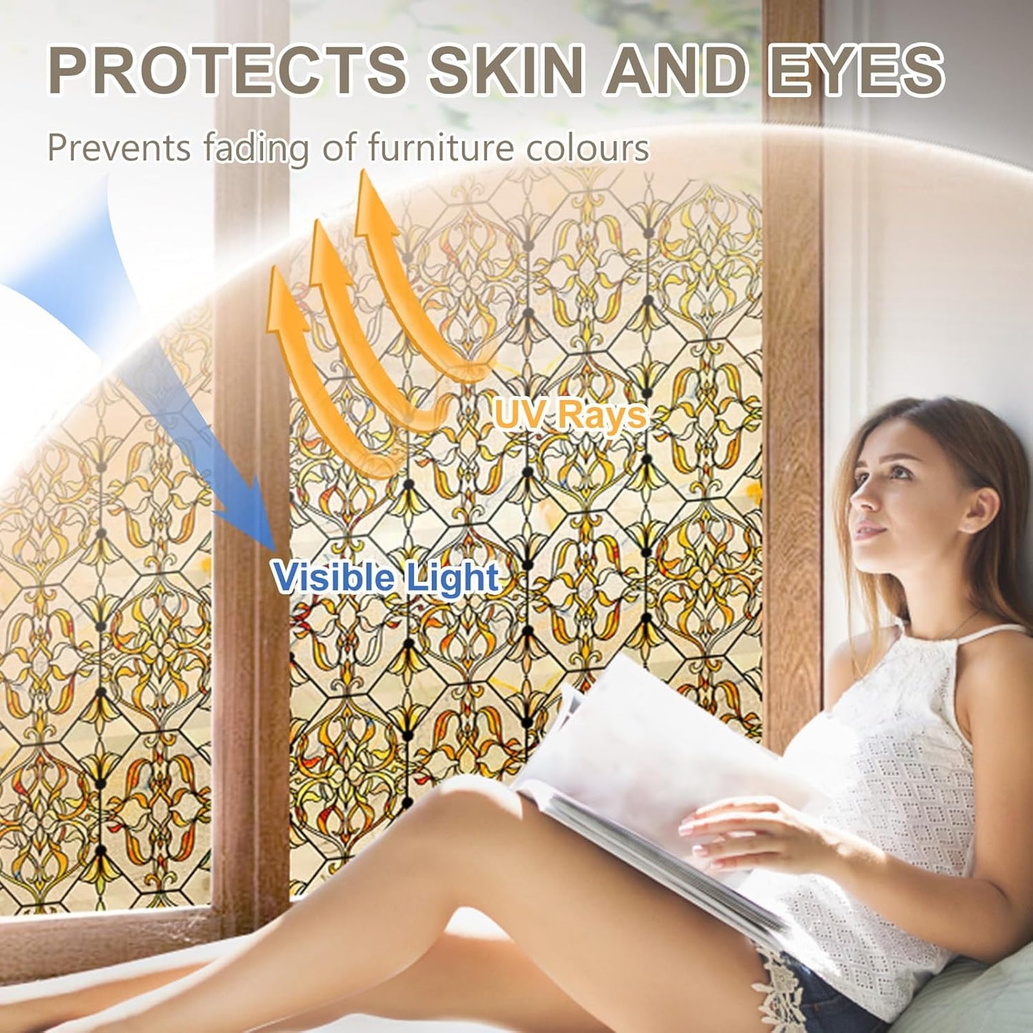 3D Stained Glass Window Privacy Film, Heat Control UV Blocking Static Cling Decorative Window Film for Bathroom,Front Door,Home Non Adhesive 35.4 x 78.7 inches Golden Filigree