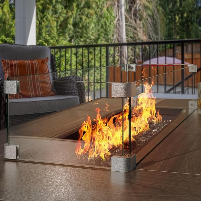 Nuu Garden Tempered Glass Wind Guard for Rectangular Propane Fire Pit Table 29 x 10 x 6 Inch, Durable Flame Guard Shield with Aluminum Alloy Corner Brackets for Outdoor Patio Gas Fire Table