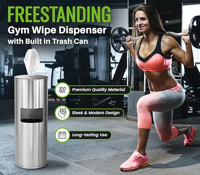Alpine Stainless Steel Disinfecting Wipes Dispenser Floor Stand - Large Capacity Gym Wipes Dispenser with Trash Can, Smudge Resistant Coating Sanitizing Stand - Disinfectant Wipes Container Included