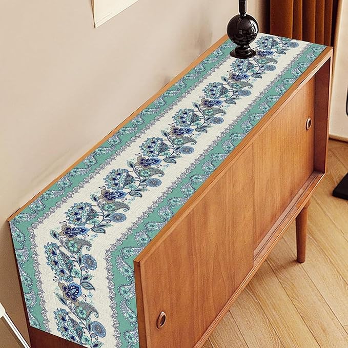 Paisley Table Runner, Vintage Teal Damask Floral Flower Boho Antique Damask Swirled Pattern Rustic Coffee Table Center Decor for Family Kitchen and Living Room Outdoor Table Decorations, 13"x36"