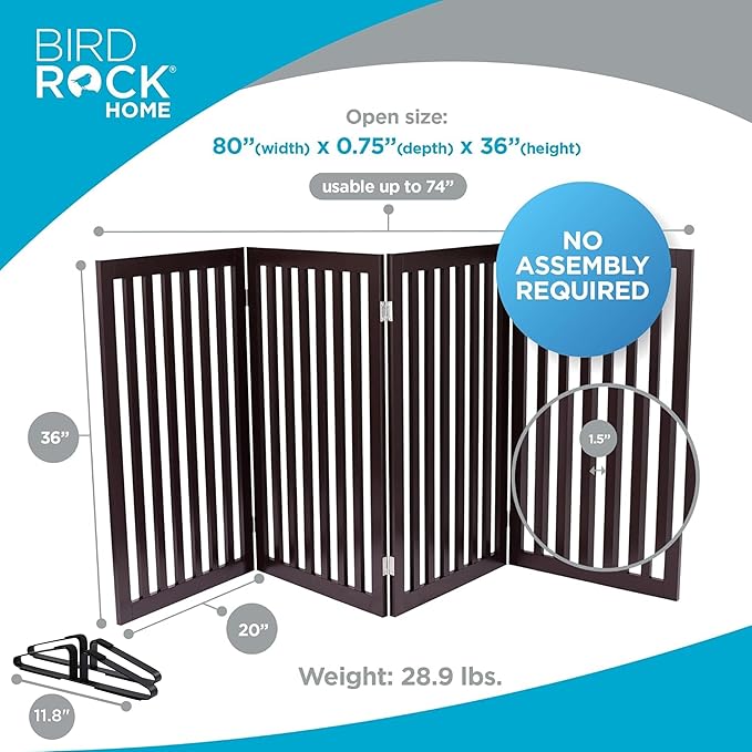 INTERNET'S BEST Dog Gate with Support Feet, Indoor Freestanding Pet Barrier, Folding Wood Cat or Dog Fence, Extra Wide Doorway Puppy Gates, 4 Panel - 36", Espresso