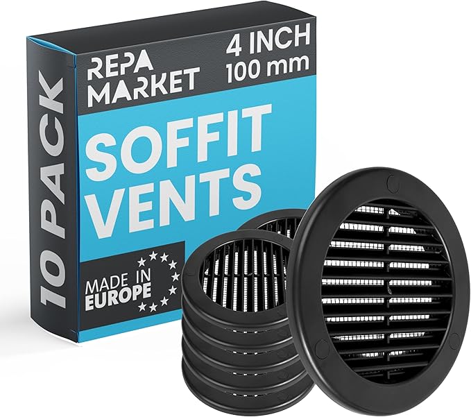 Repa Market 4 Inch (Opening) Black Round Air Vent Cover - Pack of 10 Plastic Fresh Air Intake Vent - Grill Cover with Nylon Mesh Screen - Wall or Ceiling HVAC Return Air Register - Modern Soffit Vents