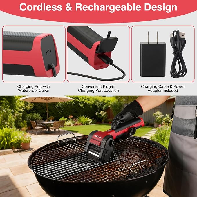 Electric Grill Brush, Cordless Rechargeable Grill Cleaner with LED Light - 950 RPM Spinning 304 Stainless Steel Head, Dishwasher-Safe BBQ Tool for Outdoor Grills