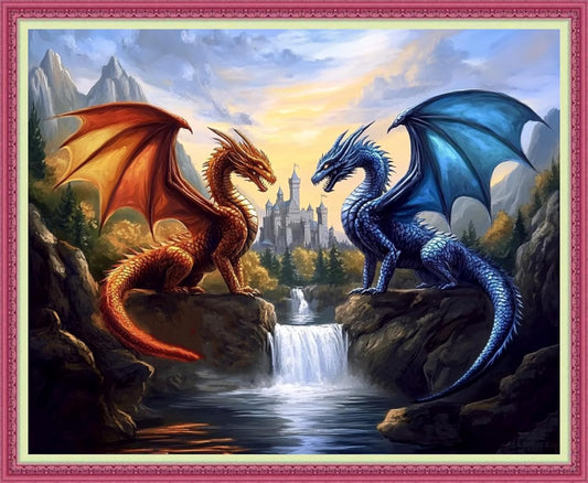 Disnesart Cross Stitch Stamped Full Embroidery Kits DIY 11CT Cotton Thread Printed DIY Needlepoint Kits Craft Needlework Set Cross-Stitch Stamped Sets-Water Fire Dragon Landscape 16x20 inch