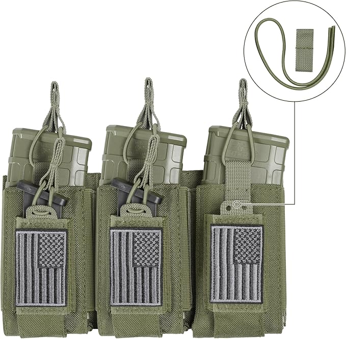 Open-Top Single/Double/Triple Molle Mag Pouch for 5.56mm M4 M16 AK AR Glock M1911 9mm Elastic Rifle Magazines Pistol Mag Pouches Holder Carrier with USA Flag Patch