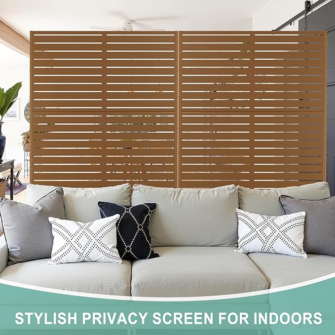 Metal Privacy Screen for Outdoor & Indoor Use, Free Standing Privacy Screen for Patio Garden Pool, 72" H x 47" W Decoative Privacy Panels, Weather Resistant, Easy Assembly (Brown Louvered)