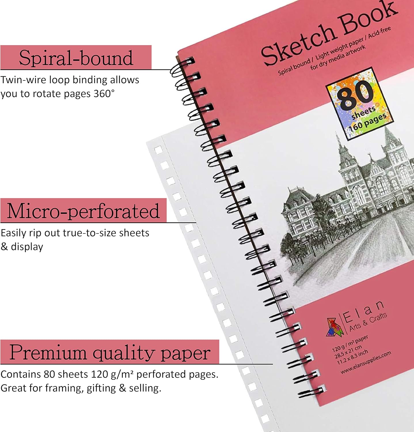 Elan A4 Sketchbook, 80 Sheets Italian Paper 80 lb/120 GSM, Acid-Free Sketch Book 11.7x8.3 Inch, White Drawing Paper Pad, Spiral Bound Sketchbook A4