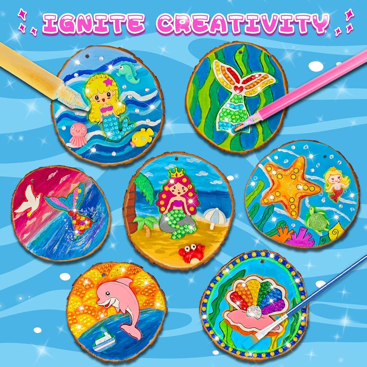 klmars Mermaid Themed Wooden Painting Kit-Glow in The Dark-Arts & Crafts Gifts for Kids Girls Ages 6-12-Wood Slice Craft Activities Kits -Mermaid Art Toys for Kids Christmas Gifts