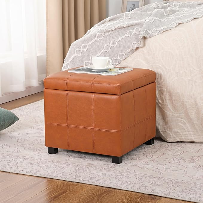 Homebeez Faux Leather Lift Top Storage Ottoman Bench with Solid Wood Frame & Tufted PU - 17.3 Inch Cube Footrest, Seat, with Metal Hinges for Living Room, Bedroom, Dorm | Orange Brown