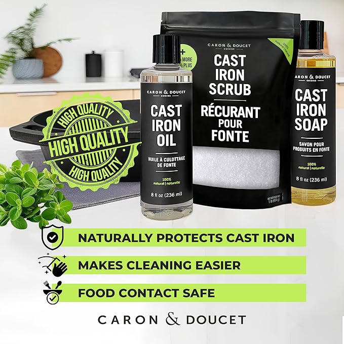 CARON & DOUCET – Ultimate Cast Iron Set PLUS: Seasoning Oil, Cleaning Soap & Restoring Scrub | 100% Plant-Based & Best for Cleaning Care, Washing, Restoring & Seasoning Skillets, Pans & Grills!