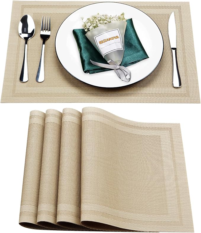Placemats Set of 4,Washable,Heat and Stain Resistant Indoor/Outdoor Place mats,Vinyl Woven Non Slip Table Mats for Restaurant Table Protection,PVC Placemats(Beige,4PCS)