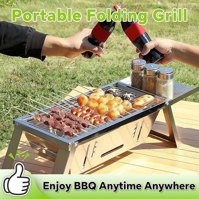 Foldable Small Charcoal Grill, Portable Stainless Steel Charcoal Grill, Tabletop Yakitori Grill for Outdoor Cooking, Travel Camping, BBQ, Tailgating, Picnics, High-Temp Resistant for 2-3 People