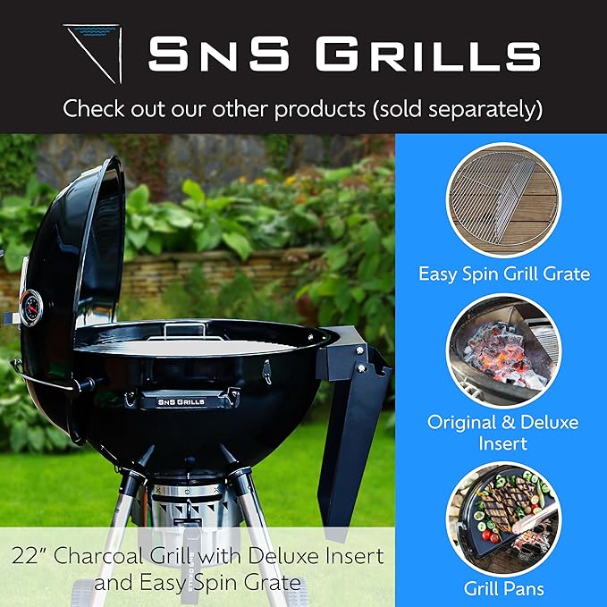 SnS Grills EasySpin Charcoal Grill Cooking Grate, 304 Stainless Steel, Large Hinged Opening, Perfect for 2-Zone Cooking, Replacement Grate Compatible with Weber & Other Grills - Fits 22” Kettles