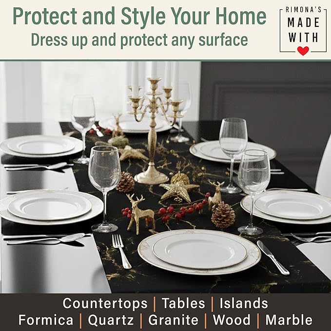 RIMONA'S Thermo Heat Resistant Table Runner and Trivet for Hot Dishes - Waterproof Hot Plates to Protect Table and Countertop - Kitchen & Dining 350F Heat Protector 40" - Black Golden Marble