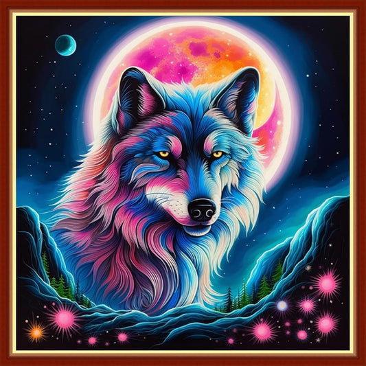 Foxhool Beginners Cross Stitch Kits Stamped Full Range of Embroidery Kits for Adults DIY Cross Stitches kit Embroidery Patterns for Needlepoint kit-Colorful Moon Wolf 17.7x17.7 inch