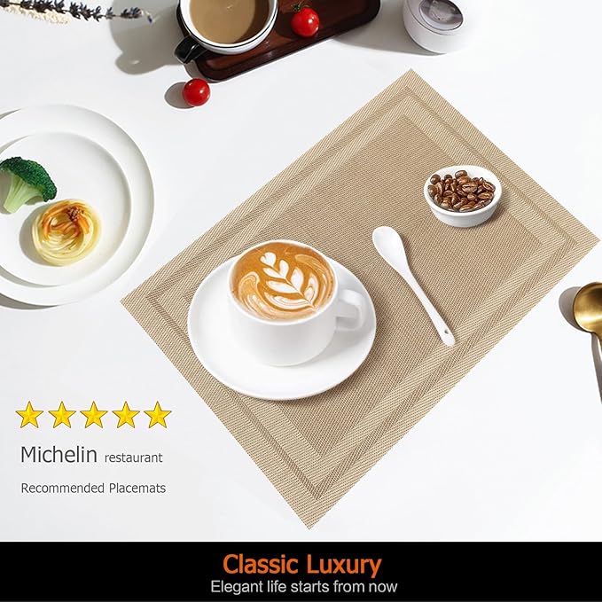 Placemats Set of 6 Washable&Wipeable Place mats for Dining Table Kitchen Indoor Outdoor Table Mats Heat Resistant Non Slip Woven Vinyl Table Placemats (Khaki，6PCS)