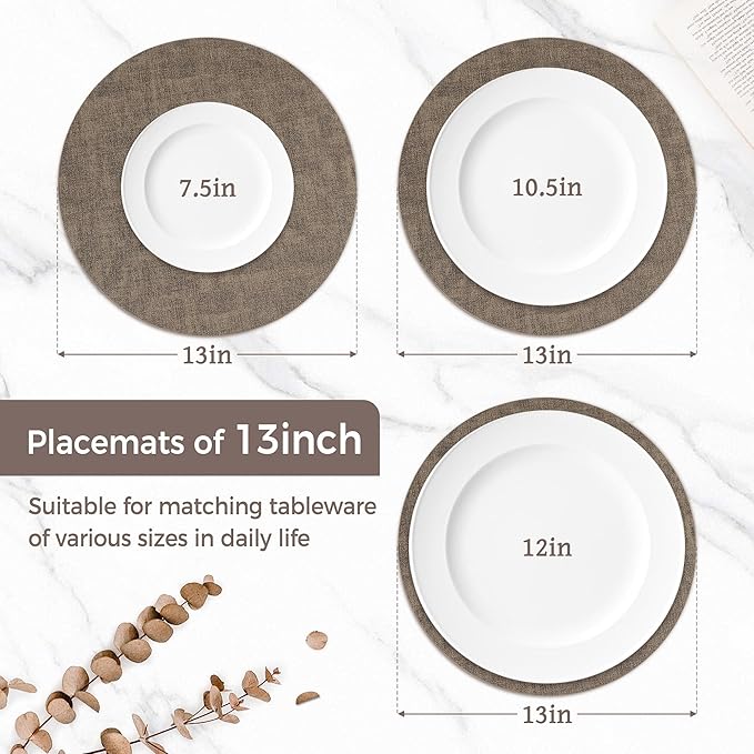 13" Round Placemats Set of 4, Reversible Faux Leather Heat Resistant Table Mats, Waterproof Oilproof Wipeable Table Protective Placemats for Vinyl, Washable for Indoor & Outdoor Use (4, Dark Coffee)