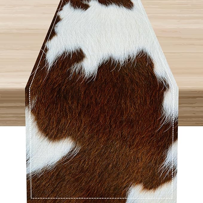 Cow Print Table Runner, Brown Cowhide Print Western Style Table Runner Country Farmhouse Cottage Cow Pattern Linen Table Decoration for Home Kitchen Dining 13x90