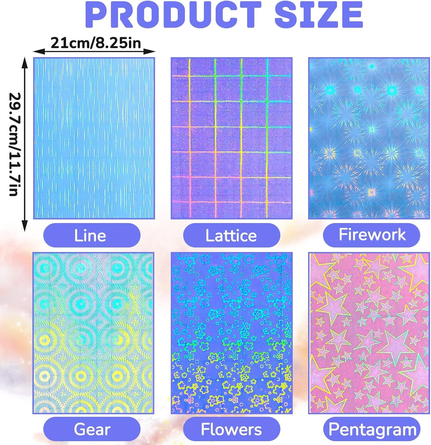 36 Sheets Holographic Sticker Paper Clear A4 Vinyl Sticker Paper Self Adhesive Waterproof Transparent Film Gem Rainbow Star Patterns, 11.7 x 8.3 Inch (Line,Lattice,Firework,Gear,Flower,Pentagram)