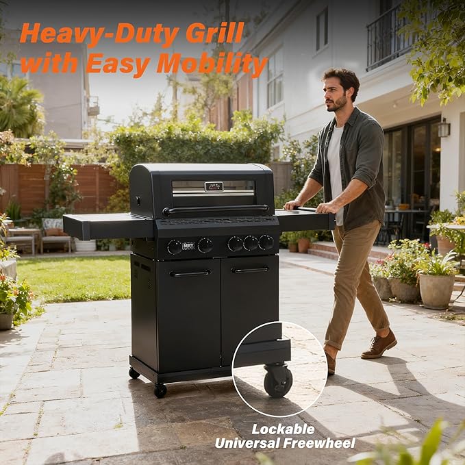 4+1 Burner Propane Gas Grill,47,000 BTU Outdoor BBQ with Enameled Cast Iron Grates and Side Tables, Portable for Backyard, Patio,Camping,3-in-1 BBQ Grill and Griddle Combo,555 Sq.in Cook Area