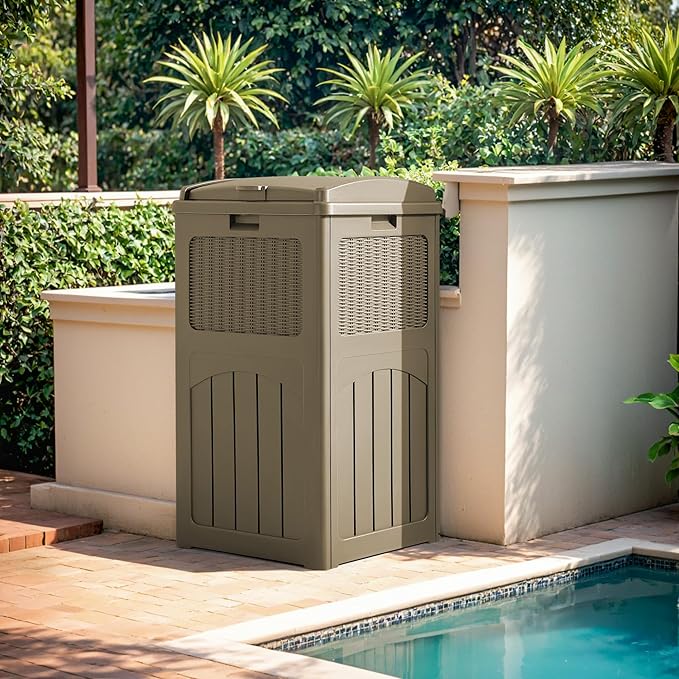 Devoko 33 Gallon Outdoor Trash Can, Hideaway Garbage Bins with Tiered Lid, Waterproof Resin Outside Waste Bins for Patio, Outside Pool, Backyard and Deck (1, Brown)