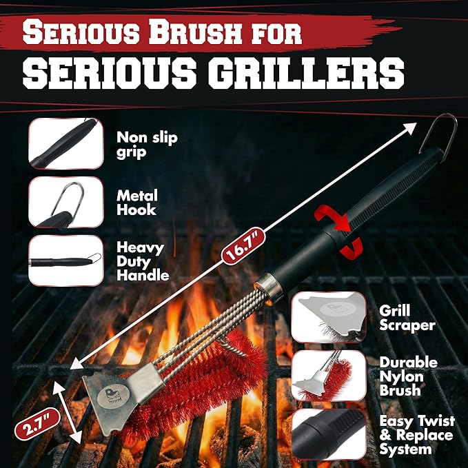 KITCHEN PERFECTION Nylon GrillSaver - Safe BBQ Grill Brush with Replaceable Cleaning Head -Heavy-Duty Grill Cleaner w/Scraper for Porcelain & Ceramic Grates, Includes Magnetic Hanger & Bottle Opener
