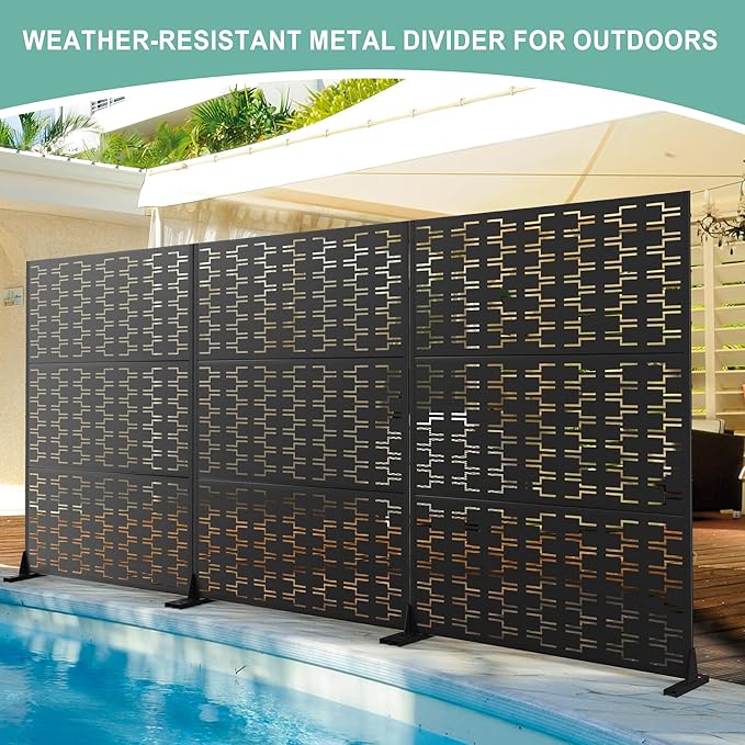 Metal Privacy Screen for Outdoor & Indoor Use, Free Standing Privacy Screen for Patio Garden Pool, 72" H x 47" W Decoative Privacy Panels, Weather Resistant, Easy Assembly (Black Brick)