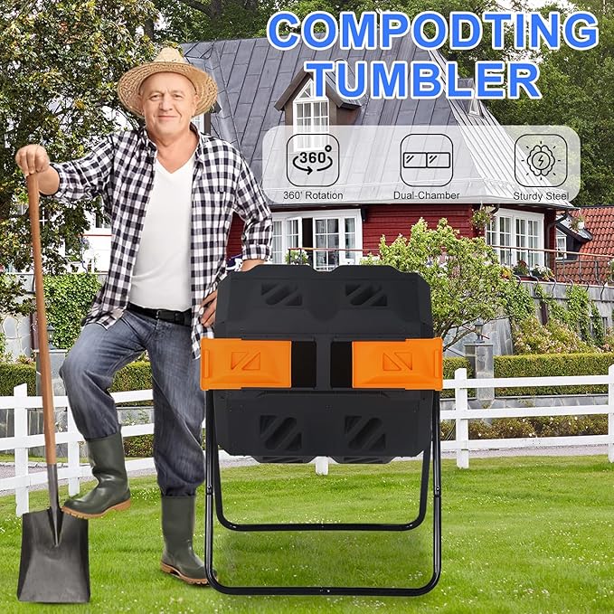 FDW Outdoor Compost Bin,43 Gallon Dual Chamber Tumbling Composting Bin with Sliding Doors Compost Tumbler for Garden Patio Kitchen Yard,Orange Door