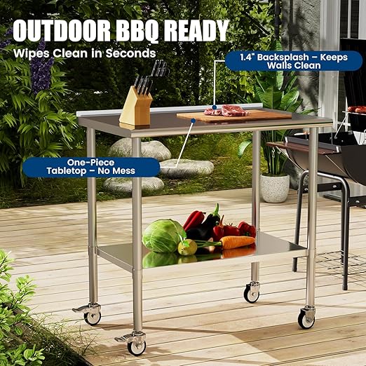 Stainless Steel Work Table with Wheels, 24x48 Inch NSF Food Prep Table with Backsplash & Adjustable Undershelf for Commercial Kitchen, Restaurant, Garage