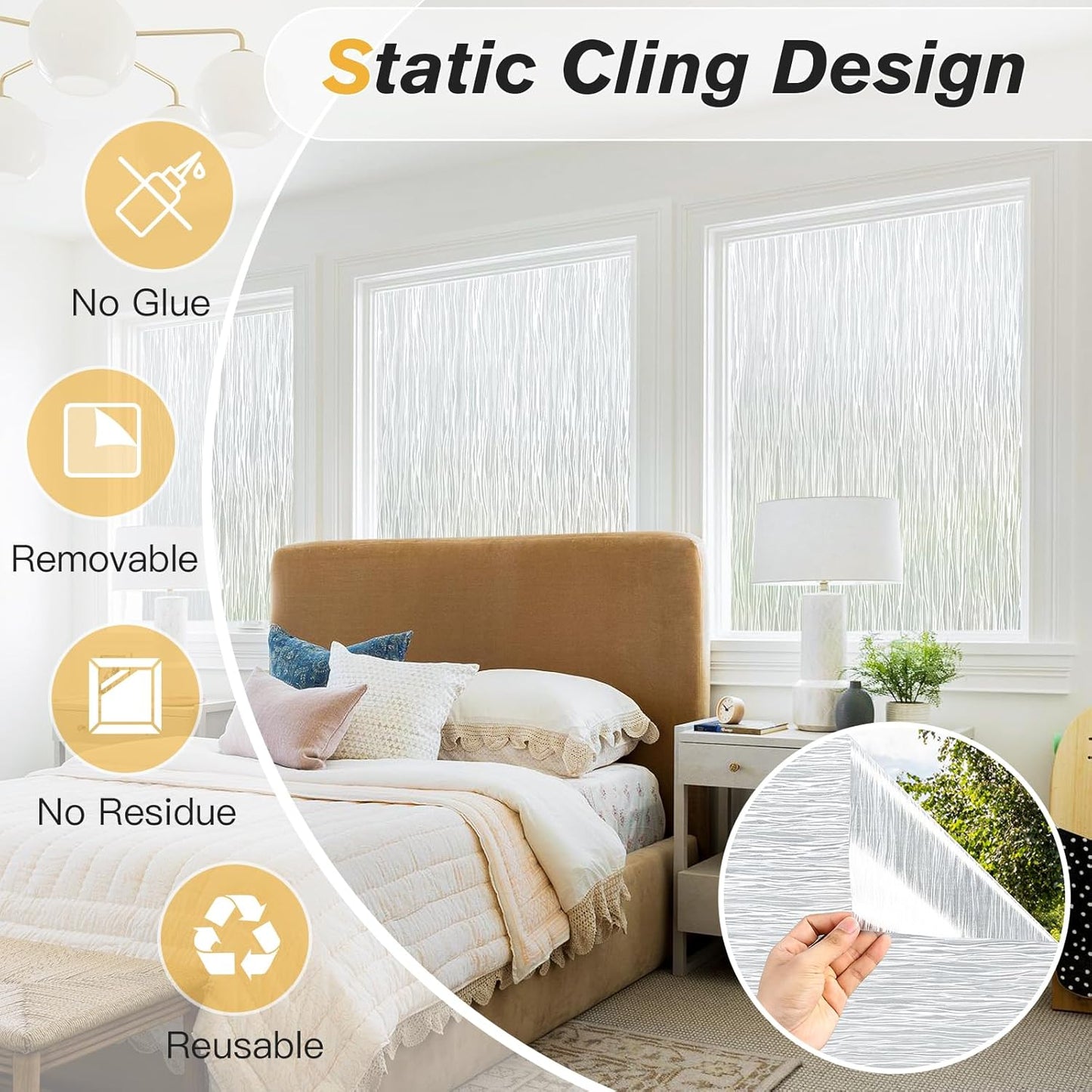 Haton Window Privacy Film, Frosted Glass Privacy Window Clings, Sun Blocking Frosting Opaque Coverings, Static Cling Removable Decorative Stickers for Home Door, Non-Adhesive 29.5" x 118.1"